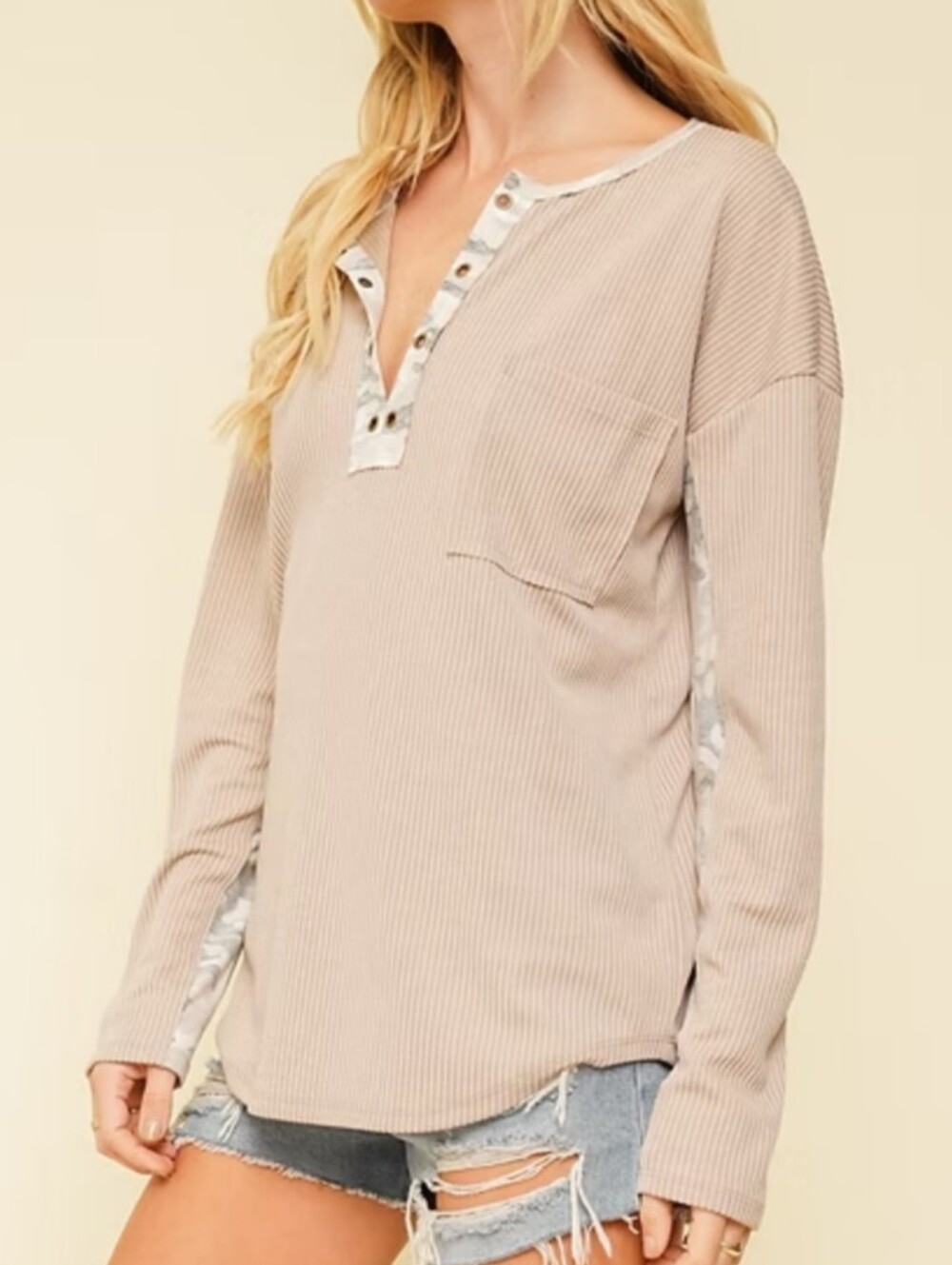 Women's Pink And Camo Ribbed Henley Long-Sleeve Top